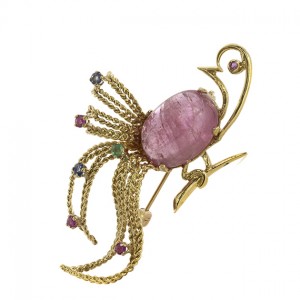 18K Pink Tourmaline Bird Brooch with Ruby, Emerald & Blue Sapphire