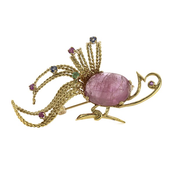 18K Pink Tourmaline Bird Brooch with Ruby, Emerald & Blue Sapphire