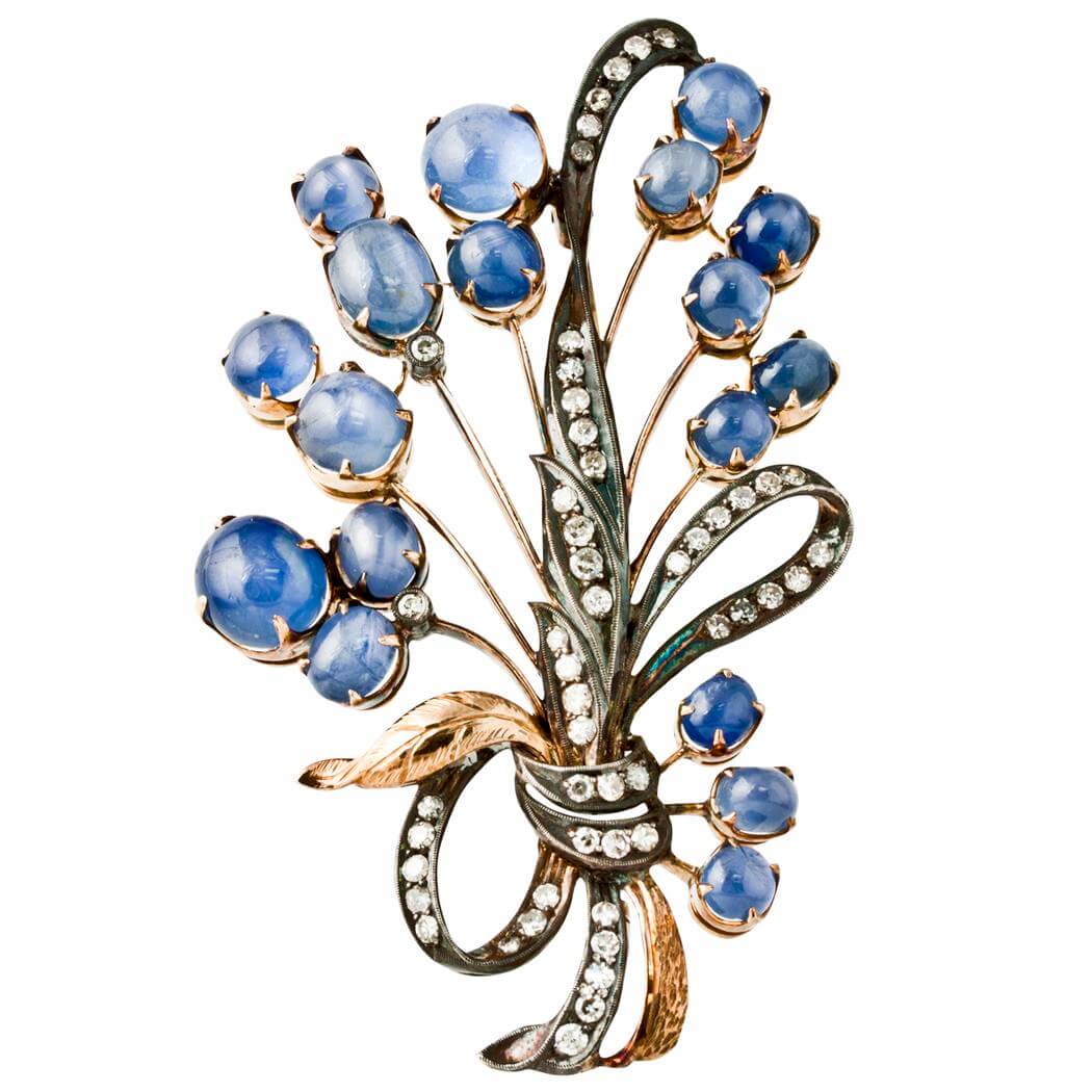 Star Sapphire & Diamond Floral Spray Brooch - 623-291