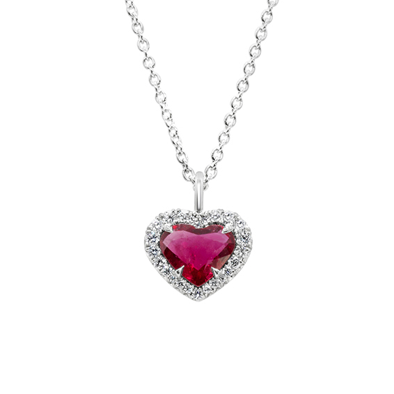 Platinum Heart-Shaped Ruby and Diamond Pendant Necklace - 210-3304